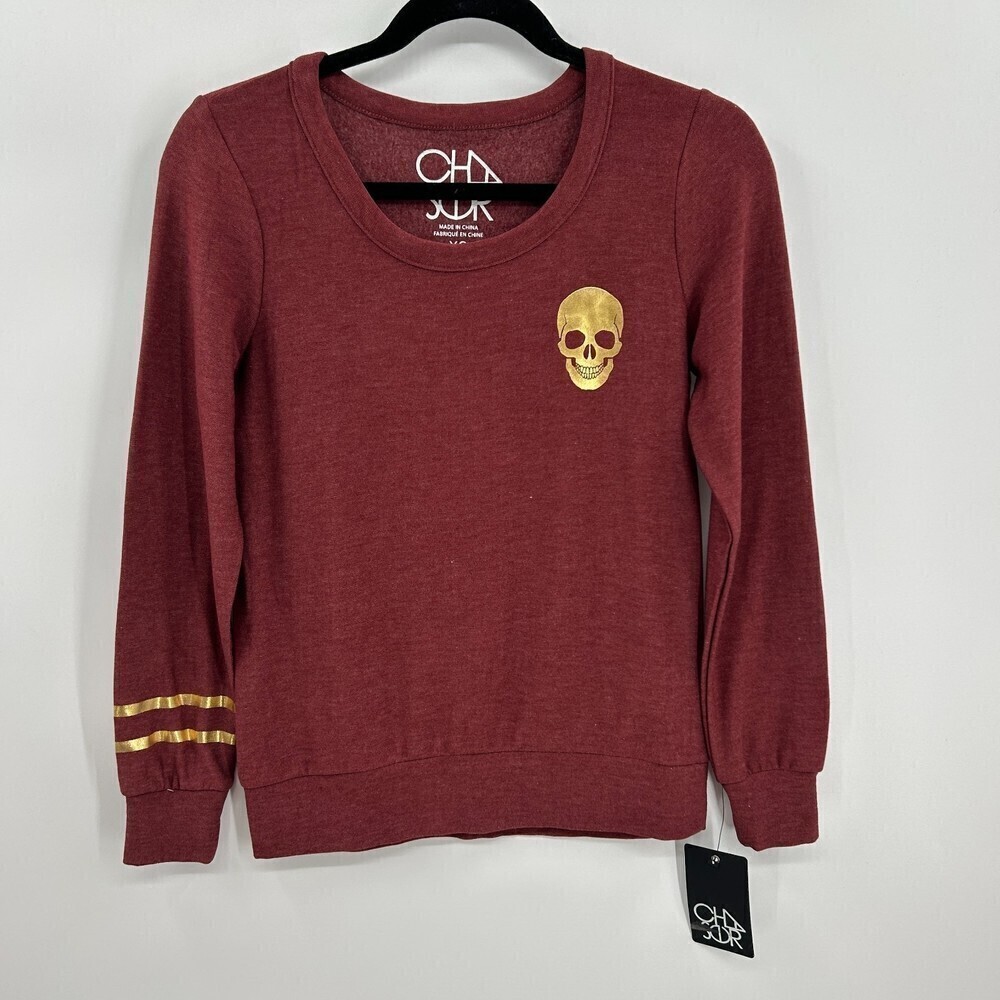 NWT CHASER Red Burgundy Gold Metallic Skull Super Soft Crew Neck Sweater Size XS